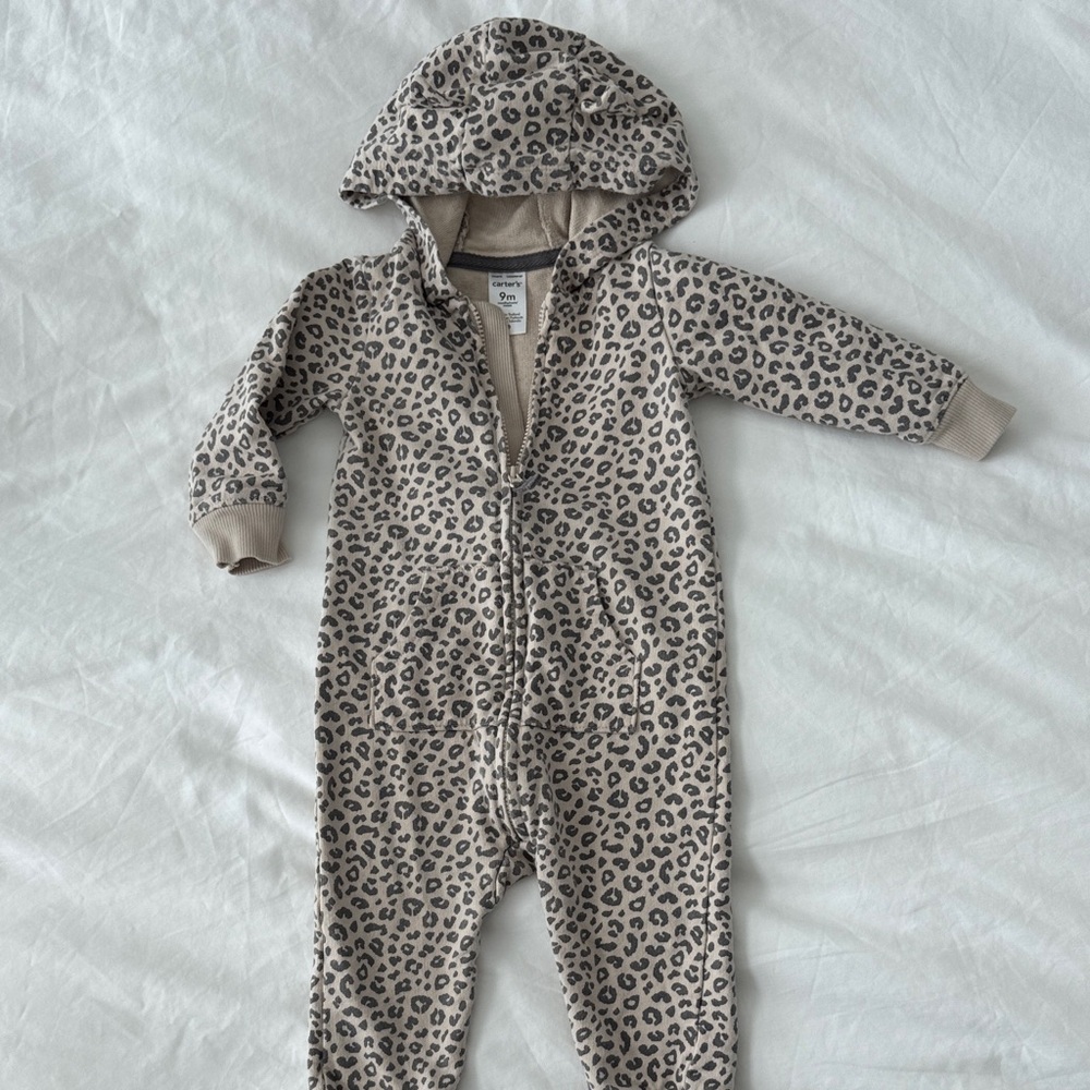 Carter's Taupe Leopard Print Hooded One-Piece Footie